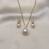Oro Laminado Earring and Pendant Adult Set, Gold Filled Style Ball Design, with Ivory Pearl and White Micro Pave, Polished, Golden Finish, 10.195.0061