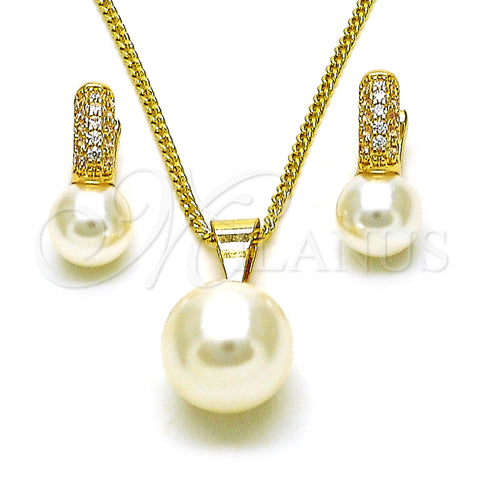 Oro Laminado Earring and Pendant Adult Set, Gold Filled Style Ball Design, with Ivory Pearl and White Micro Pave, Polished, Golden Finish, 10.195.0061