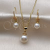 Oro Laminado Earring and Pendant Adult Set, Gold Filled Style Ball Design, with Ivory Pearl and White Micro Pave, Polished, Golden Finish, 10.195.0065