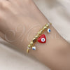 Oro Laminado Individual Bangle, Gold Filled Style Heart and Evil Eye Design, Red Enamel Finish, Golden Finish, 07.299.0001 (02 MM Thickness, One size fits all)