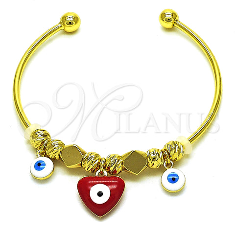 Oro Laminado Individual Bangle, Gold Filled Style Heart and Evil Eye Design, Red Enamel Finish, Golden Finish, 07.299.0001 (02 MM Thickness, One size fits all)