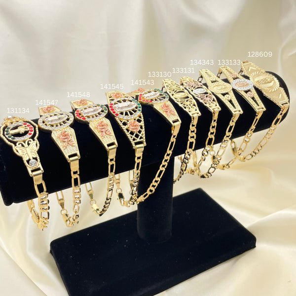 Gold Filled Ring — 10 Religious Plaque String Bracelets with Display — main product view — SKU 153153 | Oro Laminado anillo — 10 Religious Plaque String Bracelets with Display — SKU 153153