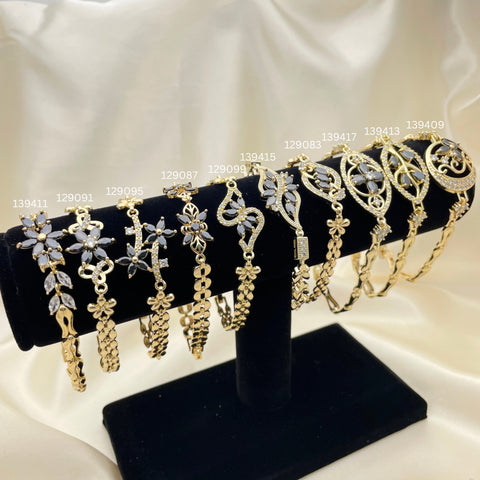 10 Pcs. Gold Bracelets Plated with 18K Gold. Oro Laminado With Cubic Zirconia. Free T Bar Display - Wholesale