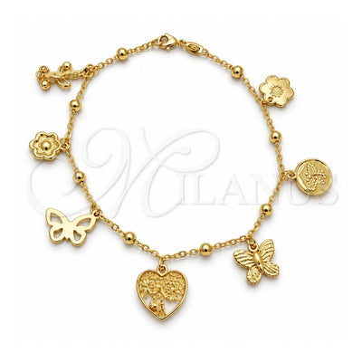 Oro Laminado Charm Anklet , Gold Filled Style Bee and Tree Design, Polished, Golden Finish, 03.32.0585.10 (06 MM Thickness, 10 Inches Length)