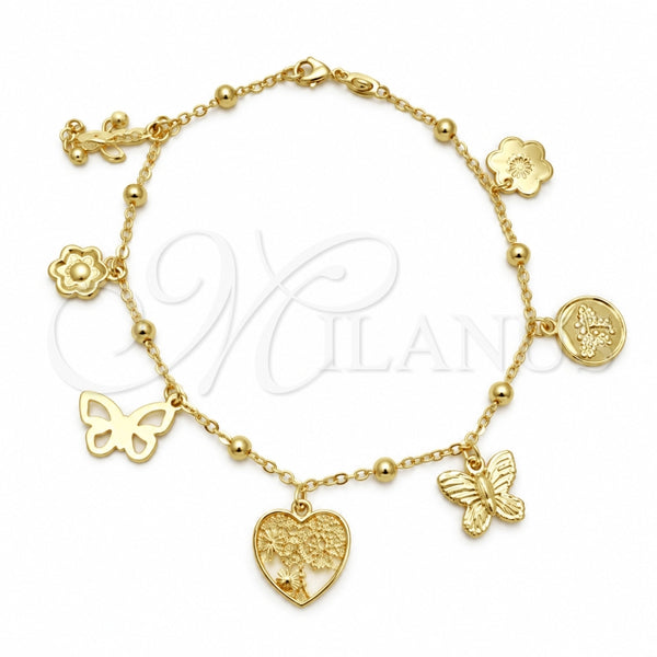 Oro Laminado Charm Anklet , Gold Filled Style Bee and Tree Design, Polished, Golden Finish, 03.32.0585.10 (06 MM Thickness, 10 Inches Length)