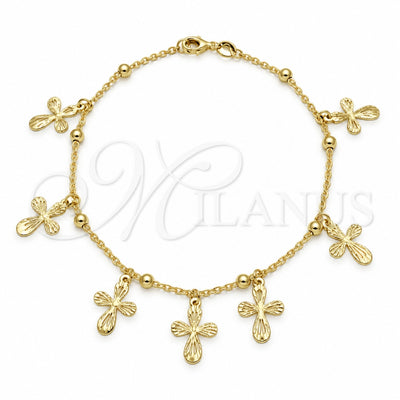 Oro Laminado Charm Anklet , Gold Filled Style Cross and Ball Design, Polished, Golden Finish, 03.32.0586.10 (06 MM Thickness, 10 Inches Length)