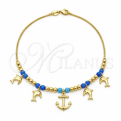 Oro Laminado Charm Anklet , Gold Filled Style Dolphin and Anchor Design, with Turquoise Crystal, Polished, Golden Finish, 03.32.0595.10 (06 MM Thickness, 10 Inches Length)