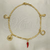 Oro Laminado Charm Anklet , Gold Filled Style Figa Hand and Chili Design, Polished, Golden Finish, 03.32.0598.10 (06 MM Thickness, 10 Inches Length)