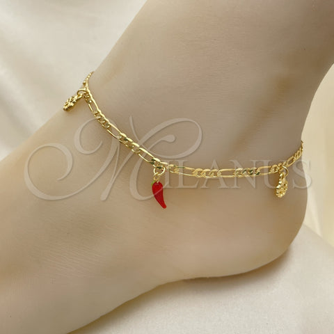 Oro Laminado Charm Anklet , Gold Filled Style Chili and Figaro Design, with Black Azavache, Polished, Golden Finish, 03.32.0599.10 (06 MM Thickness, 10 Inches Length)