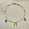 Oro Laminado Charm Anklet , Gold Filled Style Evil Eye and Figaro Design, Polished, Golden Finish, 03.32.0601.10 (06 MM Thickness, 10 Inches Length)