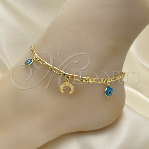 Oro Laminado Charm Anklet , Gold Filled Style Evil Eye and Figaro Design, Polished, Golden Finish, 03.32.0601.10 (06 MM Thickness, 10 Inches Length)
