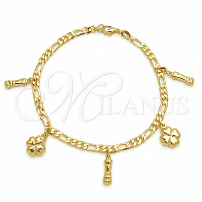Oro Laminado Charm Anklet , Gold Filled Style Figa Hand and Four-leaf Clover Design, Polished, Golden Finish, 03.32.0608.10 (06 MM Thickness, 10 Inches Length)