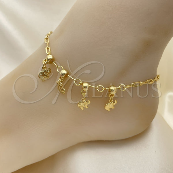 Oro Laminado Charm Anklet , Gold Filled Style Elephant and Paperclip Design, Polished, Golden Finish, 03.32.0613.10 (06 MM Thickness, 10 Inches Length)