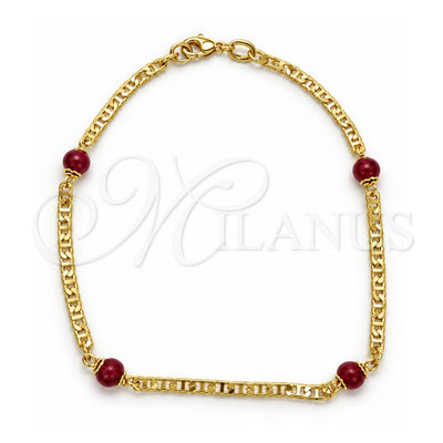 Oro Laminado Fancy Anklet, Gold Filled Style Ball and Mariner Design, with Brown Goldstone Venturina, Polished, Golden Finish, 03.32.0624.10 (04 MM Thickness, 10 Inches Length)