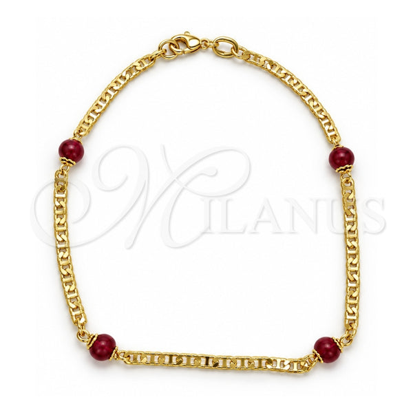 Oro Laminado Fancy Anklet, Gold Filled Style Ball and Mariner Design, with Brown Goldstone Venturina, Polished, Golden Finish, 03.32.0624.10 (04 MM Thickness, 10 Inches Length)