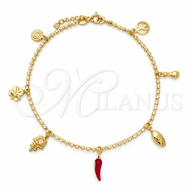 Oro Laminado Fancy Anklet, Gold Filled Style Judaica and Hand of God Design, with White Cubic Zirconia, Polished, Golden Finish, 03.32.0626.10 (04 MM Thickness, 10 Inches Length)