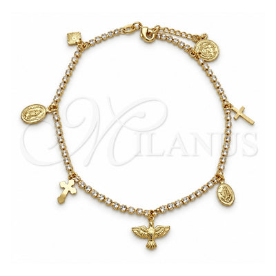 Oro Laminado Fancy Anklet, Gold Filled Style Angel and Cross Design, with White Cubic Zirconia, Polished, Golden Finish, 03.32.0627.10 (04 MM Thickness, 10 Inches Length)