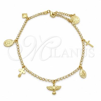 Oro Laminado Fancy Anklet, Gold Filled Style Angel and Cross Design, with White Cubic Zirconia, Polished, Golden Finish, 03.32.0627.10 (04 MM Thickness, 10 Inches Length)
