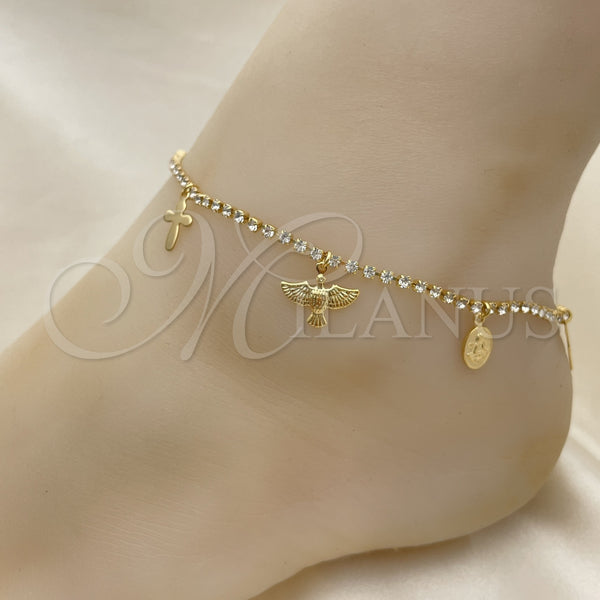 Oro Laminado Fancy Anklet, Gold Filled Style Angel and Cross Design, with White Cubic Zirconia, Polished, Golden Finish, 03.32.0627.10 (04 MM Thickness, 10 Inches Length)
