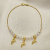 Oro Laminado Fancy Anklet, Gold Filled Style Dolphin and Ball Design, with Ivory Pearl, Polished, Golden Finish, 03.32.0630.10 (04 MM Thickness, 10 Inches Length)
