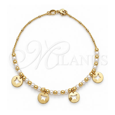 Oro Laminado Fancy Anklet, Gold Filled Style Butterfly and Ball Design, with Ivory Pearl, Polished, Golden Finish, 03.32.0631.10 (04 MM Thickness, 10 Inches Length)