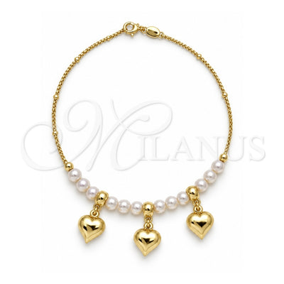 Oro Laminado Fancy Anklet, Gold Filled Style Heart and Ball Design, with Ivory Pearl, Polished, Golden Finish, 03.32.0633.10 (04 MM Thickness, 10 Inches Length)
