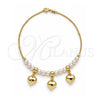 Oro Laminado Fancy Anklet, Gold Filled Style Heart and Ball Design, with Ivory Pearl, Polished, Golden Finish, 03.32.0633.10 (04 MM Thickness, 10 Inches Length)