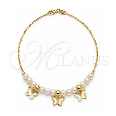 Oro Laminado Fancy Anklet, Gold Filled Style Butterfly and Ball Design, with Ivory Pearl, Polished, Golden Finish, 03.32.0634.10 (04 MM Thickness, 10 Inches Length)