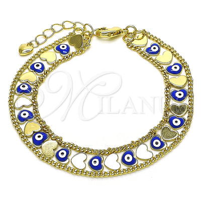 Oro Laminado Fancy Bracelet, Gold Filled Style Heart and Evil Eye Design, Blue Enamel Finish, Golden Finish for wholesale, main product view