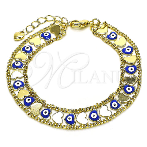 Oro Laminado Fancy Bracelet, Gold Filled Style Heart and Evil Eye Design, Blue Enamel Finish, Golden Finish, 03.213.0220.07 (10 MM Thickness, 7 Inches Length)
