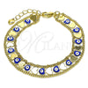 Oro Laminado Fancy Bracelet, Gold Filled Style Heart and Evil Eye Design, Blue Enamel Finish, Golden Finish, 03.213.0220.07 (10 MM Thickness, 7 Inches Length)