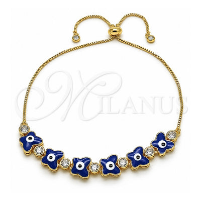 Oro Laminado Adjustable Bolo Bracelet, Gold Filled Style Butterfly and Evil Eye Design, with White Cubic Zirconia, Blue Enamel Finish, Golden Finish, 03.411.0003.13 (01 MM Thickness, 13 Inches Length)