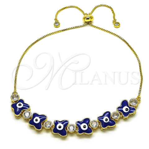 Oro Laminado Adjustable Bolo Bracelet, Gold Filled Style Butterfly and Evil Eye Design, with White Cubic Zirconia, Blue Enamel Finish, Golden Finish, 03.411.0003.13 (01 MM Thickness, 13 Inches Length)