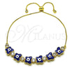 Oro Laminado Adjustable Bolo Bracelet, Gold Filled Style Butterfly and Evil Eye Design, with White Cubic Zirconia, Blue Enamel Finish, Golden Finish, 03.411.0003.13 (01 MM Thickness, 13 Inches Length)