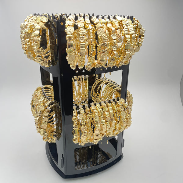 Gold Filled Bracelet — Rotating Display with 64 Assorted Slider Charm Bracelets — alternate product view — SKU 153293 | Oro Laminado brazalete — Rotating Display with 64 Assorted Slider Charm Bracelets — SKU 153293
