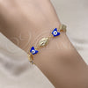 Oro Laminado Fancy Bracelet, Gold Filled Style Virgen Maria and Butterfly Design, Blue Enamel Finish, Golden Finish, 03.213.0223.07 (08 MM Thickness, 7 Inches Length)