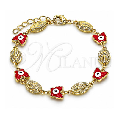 Oro Laminado Fancy Bracelet, Gold Filled Style Virgen Maria and Butterfly Design, Red Enamel Finish, Golden Finish, 03.213.0223.1.07 (08 MM Thickness, 7 Inches Length)