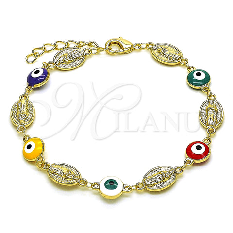 Oro Laminado Fancy Bracelet, Gold Filled Style Guadalupe and Evil Eye Design, Multicolor Enamel Finish, Golden Finish, 03.213.0224.2.07 (08 MM Thickness, 7 Inches Length)