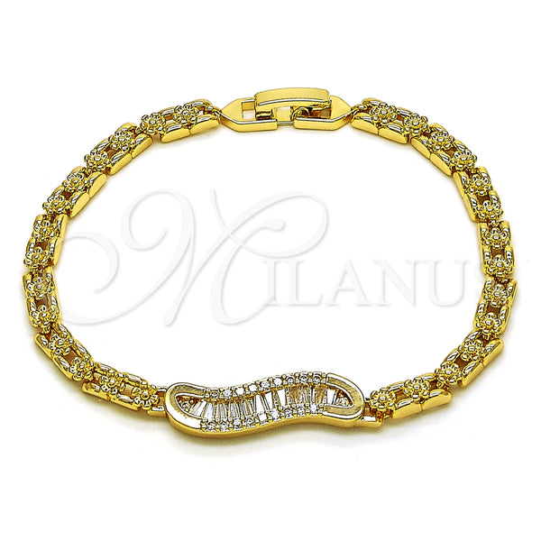 Oro Laminado Fancy Bracelet, Gold Filled Style Flower and Baguette Design, with White Cubic Zirconia and White Micro Pave, Polished, Golden Finish, 03.283.0306.07 (04 MM Thickness, 7 Inches Length)