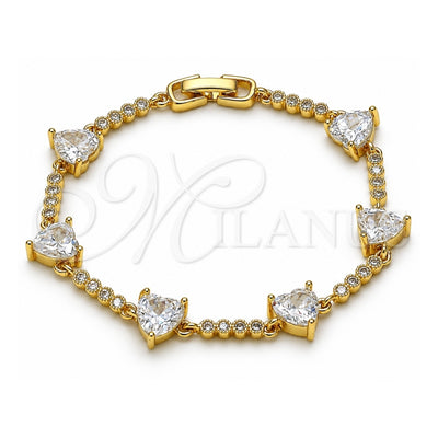 Oro Laminado Fancy Bracelet, Gold Filled Style Heart Design, with White Cubic Zirconia, Polished, Golden Finish, 03.283.0312.07 (09 MM Thickness, 7 Inches Length)