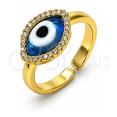 Oro Laminado Multi Stone Ring, Gold Filled Style Evil Eye Design, with Light Sapphire Crystal and White Micro Pave, Polished, Golden Finish, 01.341.0109.2 (One size fits all)