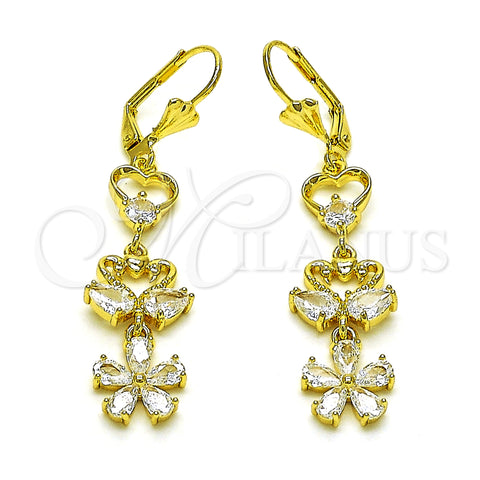 Oro Laminado Long Earring, Gold Filled Style Swan and Heart Design, with White Cubic Zirconia, Polished, Golden Finish, 02.387.0115