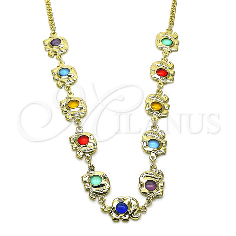 Oro Laminado Fancy Necklace, Gold Filled Style Elephant and Miami Cuban Design, with Multicolor Crystal, Polished, Golden Finish, 04.213.0300.18 (02 MM Thickness, 18 Inches Length)