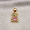 Oro Laminado Fancy Pendant, Gold Filled Style Teddy Bear and Heart Design, with Pink Cubic Zirconia and White Micro Pave, Polished, Golden Finish, 05.342.0165.1