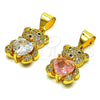 Oro Laminado Fancy Pendant, Gold Filled Style Teddy Bear and Heart Design, with Pink Cubic Zirconia and White Micro Pave, Polished, Golden Finish, 05.342.0165.1