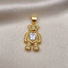 Oro Laminado Fancy Pendant, Gold Filled Style Teddy Bear and Heart Design, with White Cubic Zirconia and White Micro Pave, Polished, Golden Finish, 05.342.0166