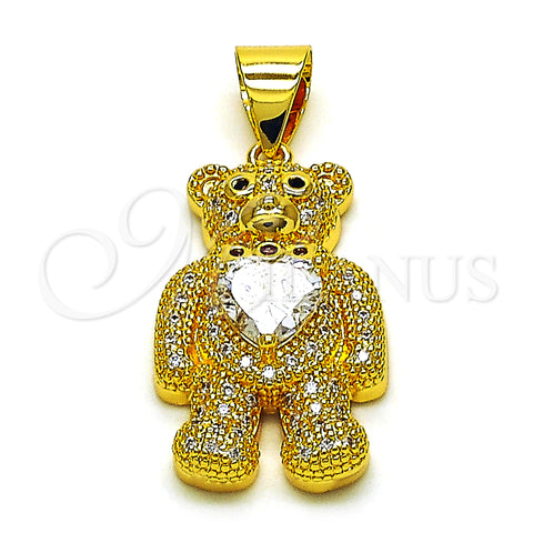 Oro Laminado Fancy Pendant, Gold Filled Style Teddy Bear and Heart Design, with White Cubic Zirconia and White Micro Pave, Polished, Golden Finish, 05.342.0166