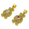 Oro Laminado Fancy Pendant, Gold Filled Style Teddy Bear and Heart Design, with White Cubic Zirconia and White Micro Pave, Polished, Golden Finish, 05.342.0166