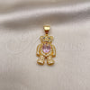 Oro Laminado Fancy Pendant, Gold Filled Style Teddy Bear and Heart Design, with Pink Cubic Zirconia and White Micro Pave, Polished, Golden Finish, 05.342.0166.1