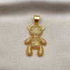 Oro Laminado Fancy Pendant, Gold Filled Style Teddy Bear and Bow Design, with White Micro Pave, Polished, Golden Finish, 05.342.0169